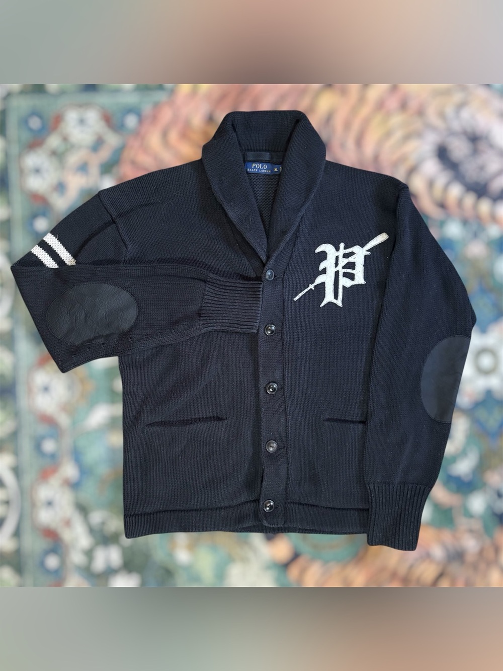 Polo Ralph Lauren Varsity Cardigan Shawl Collar Linen Blend Sweater Black XL